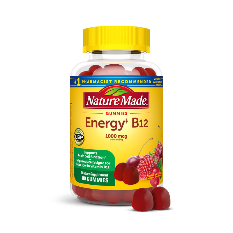 Nature Made Vitamin B12 Gummies 1000 mcg per Serving, 80 Gummy Vitamins | B12 Vitamins, Dietary Supplement for Energy Metabolism Support, B12 Helps Support Brain Cell Function, 40 Day Supply Cherry & Mixed Berry 80 Count (Pack of 1)