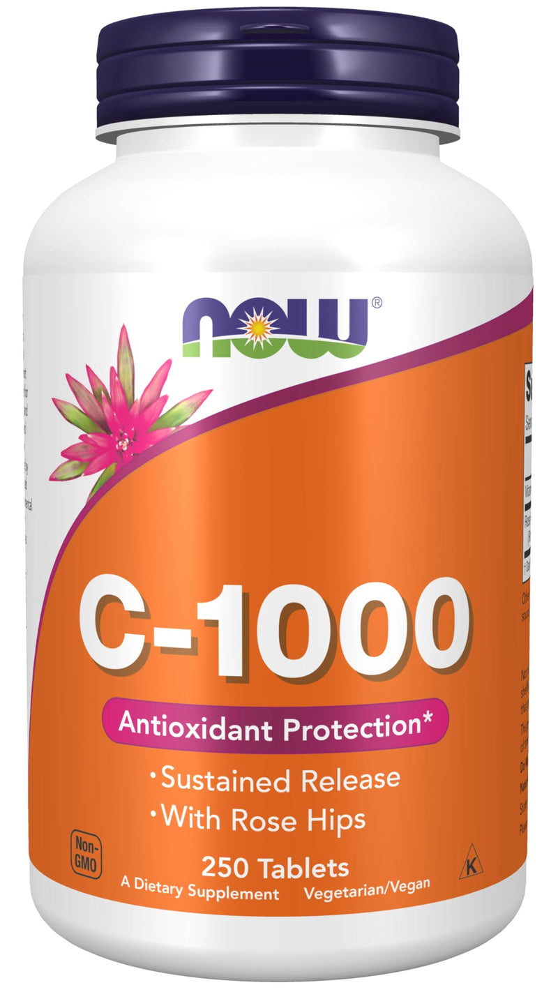 NOW Foods, C-1000 Vitamin C-1000 Sustained Release with Rose Hips, 250 Tablets 250 Count (Pack of 1)