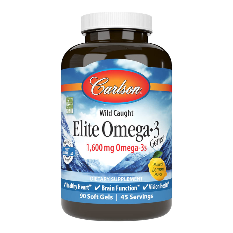 Carlson Elite Omega-3 Gems, 1600 mg, From Norway, Lemon, 90 Softgels | Omega-3 Fatty Acids Including EPA and DHA; Wild-Caught Fish Oil Supplement; Sustainably Sourced Omega 3 Fish Oil Capsules