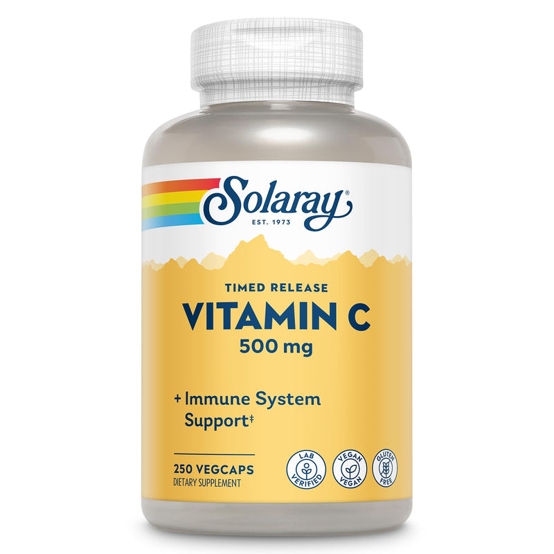 SOLARAY Vitamin C 500 mg Two-Stage Timed-Release, 250 VegCaps | Immune, Antioxidant & Collagen Support - All-Day Support with Rose Hips & Acerola - 250 Servings - Vegan, Gluten Free 250 Count (Pack of 1)