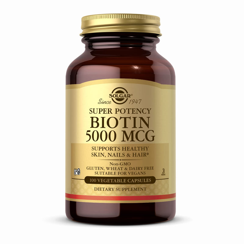 Solgar Biotin 5000 mcg - 100 Vegetable Capsules - Supports Healthy Skin, Nails & Hair - Non-GMO, Vegan, Gluten Free, Dairy Free, Kosher - 100 Servings 1 Count (Pack of 100)