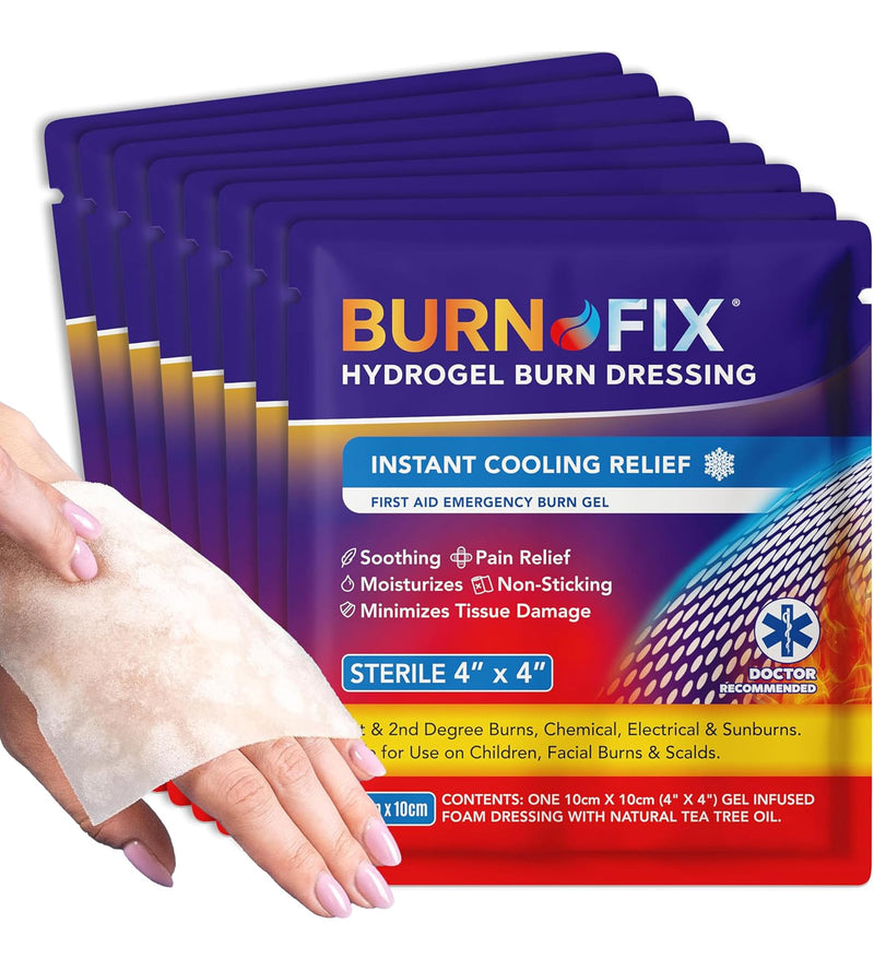 BurnFix® Burn Gel Pads 4x4 Hydrogel Dressing – Sterile with Tea Tree Oil – Instant Cooling for Sunburn, Kitchen, Chemical Burns, Scalds – Non-Stick First Aid, Safe for Face & Kids (8) 1.4 Ounce (Pack of 8) - BeesActive Australia