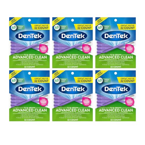 DenTek Advanced Clean Slim Brush Interdental Cleaners, Extra Tight Between Teeth Brushes, Plaque Removal, Dental Picks for Oral Care, Fresh Mint Mouthwash Blast, 32 Count (Pack of 6) 32 Count (Pack of 6)