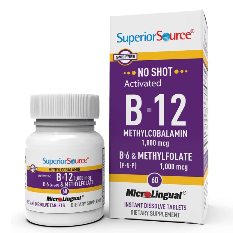 Superior Source No Shot Vitamin B-12 Methylcobalamin 1000 mcg, B-6, & Methylfolate 1000 mcg - Supports Energy, Brain, and Heart Health - Bariatric Friendly - 60 Sublingual Dissolving Tablets No Shot Activated B12 Methycobalamin 1000 mvg