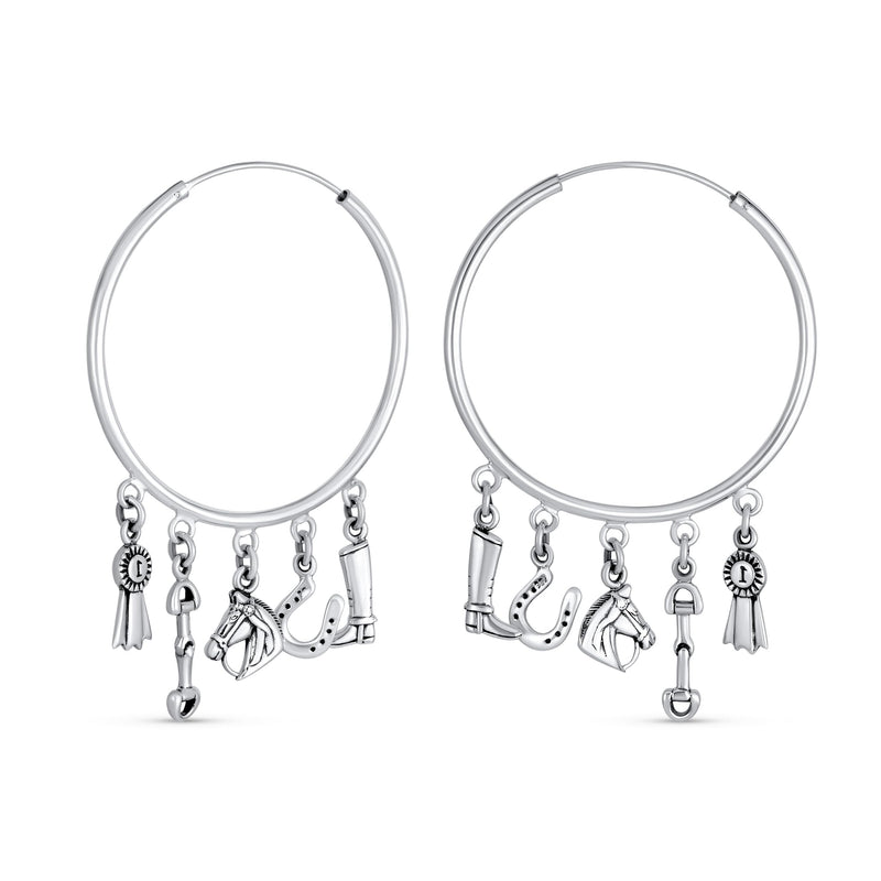 Western Jewelry Blue Ribbon Horse Riding Boot Horseshoe Dangle Multi Charms Cowgirl Equine Gift Equestrian Big Horse Hoop Earrings Bracelet Cuff Brooch Pin For Women Teen .925 Sterling Silver Silver A - BeesActive Australia