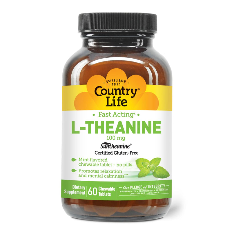 Country Life Fast Acting L-Theanine 100 mg, Mint Chewables, 60 Tablets | Suntheanine L-theanine with vitamin B6 promotes relaxation and mental calmness in a chewable tablet