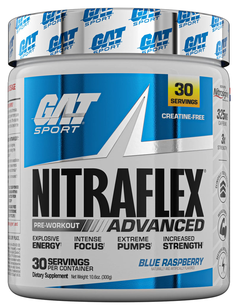GAT Sport Nitraflex Advanced Pre-Workout Powder, Increases Blood Flow, Boosts Strength and Energy, Improves Exercise Performance, Creatine-Free (Blue Raspberry, 30 Servings) Blue Raspberry 30 Servings (Pack of 1) Standard Packaging - BeesActive Australia