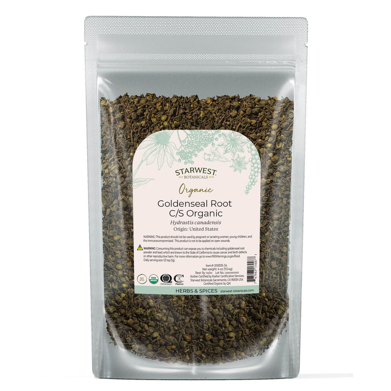 Starwest Botanicals Organic Goldenseal Root - Dried Loose Leaf Herb for Tea, Herbal Blends, & Cooking, Pure & Natural Hydrastis Canadensis, Cut & Sifted, Certified Kosher, Non-GMO - 4 oz Pouch - BeesActive Australia