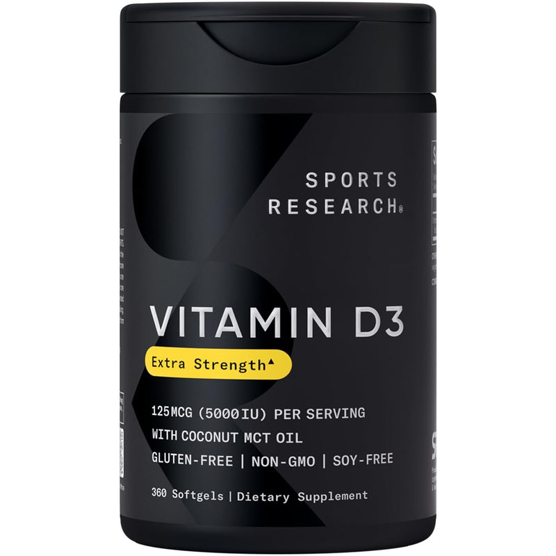 Sports Research Vitamin D3 5000 IU with Coconut MCT Oil - High Potency Vitamin D Supplement for Immune & Bone Support - Non-GMO Verified, Gluten & Soy Free – 125mcg, 360 Liquid Softgels 360 Count (Pack of 1) - BeesActive Australia