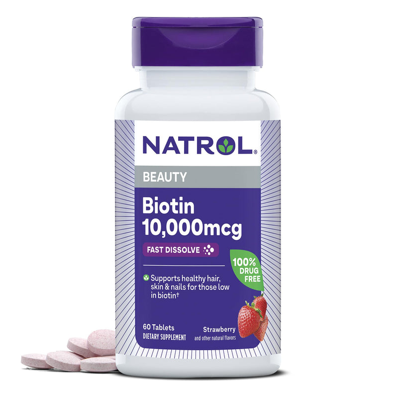 Natrol Biotin 10000mcg, 4X Faster Dissolve Supplement for Healthy Hair, Skin and Nails for Those Low in Biotin, Plus Energy Metabolism Support, 60 Tablets, Up to a 60 Day Supply Strawberry 60 Count (Pack of 1)