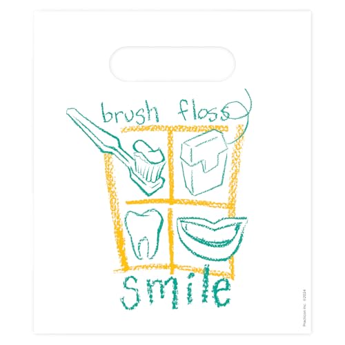 Practicon Brush Floss Smile 7-3/4" x 9" Dental Bag, Dental Hygiene Patient Care Goodie Bag, Dentist Office Plastic Gift Bags, 100 Pack 7-3/4" x 9"