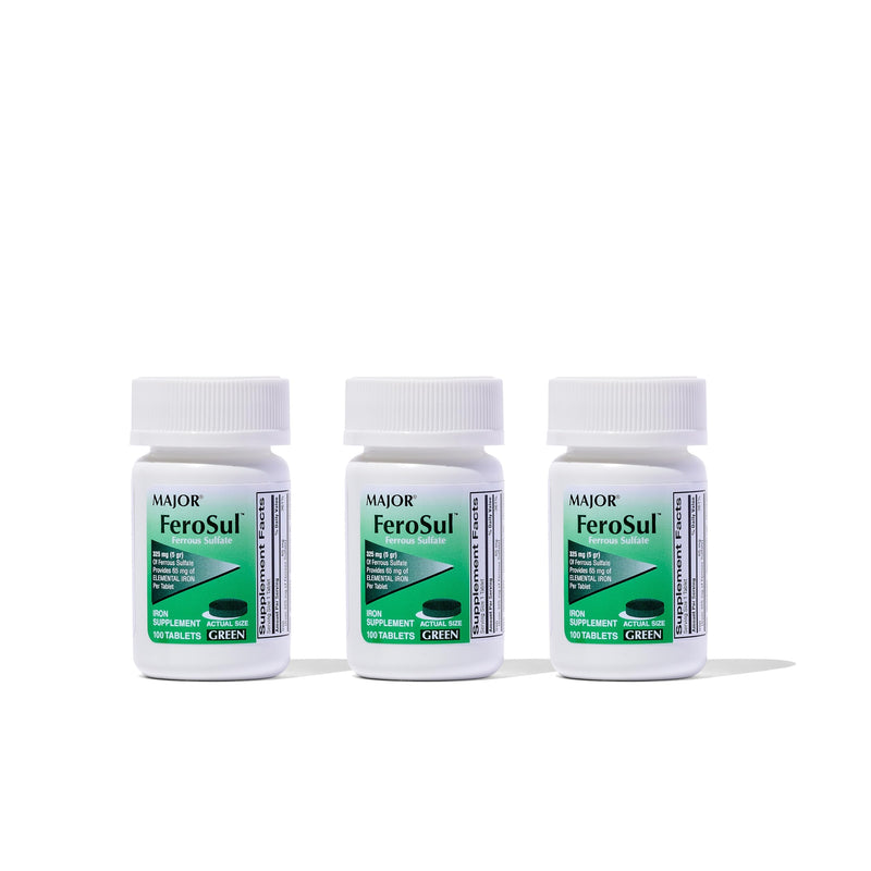 Major Ferosul - Ferrous Sulfate 325mg Tablets with 65mg of Elemental Iron - Iron Supplement for Women, Men - Green - 100 Count (3 Pack) Unflavored 100 Count (Pack of 3)