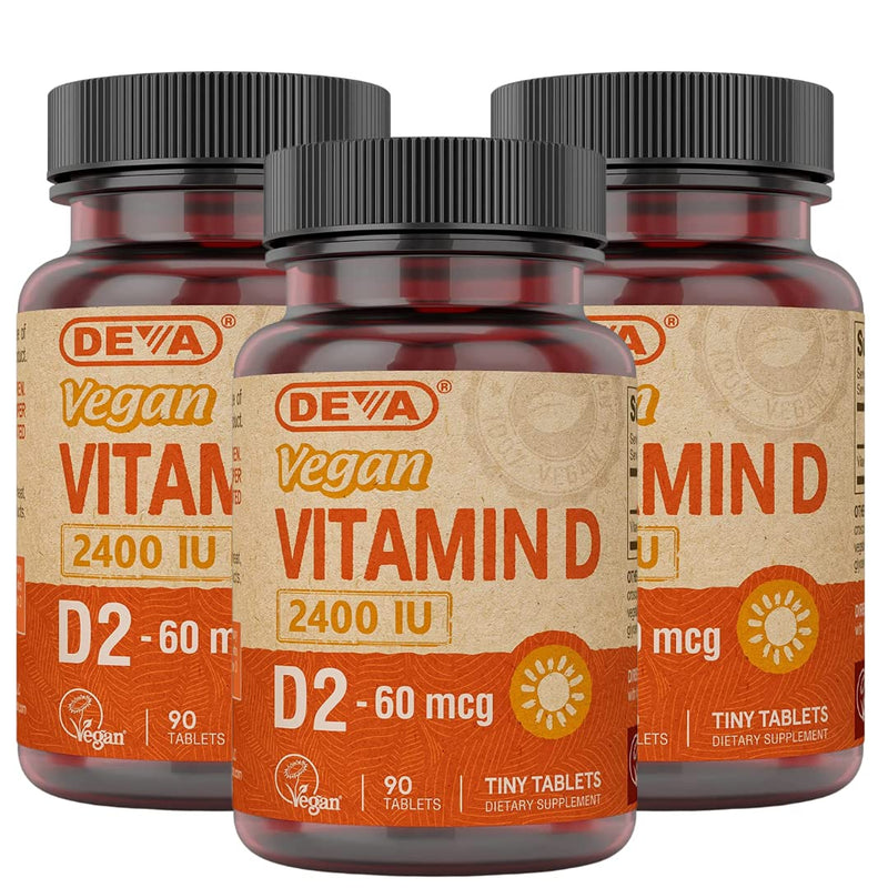 DEVA Vegan Vitamin D2 60 mcg 2400 IU, Ergocalciferol Supplement with No Animal Ingredients, 90 Tablets (Pack of 3) 90 Count (Pack of 3)