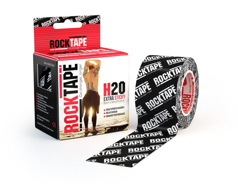 RockTape Extra Sticky Kinesiology Tape - Athletic Tape for Muscle Pain Relief, Injury Recovery - Microscopic Skin Lifting & Decompression - Sweat & Water Resistant Logo Black - BeesActive Australia