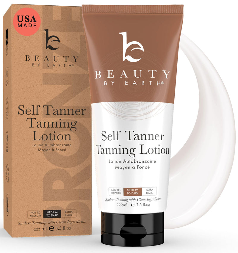 Beauty by Earth Self Tanner - USA Made with Natural & Organic Ingredients, Moisturizing Self Tanning Lotion with Aloe Vera & Coconut for a Natural Glow, Streak-Free Fake Tan, Medium to Dark 7.5 Fl Oz (Pack of 1) - BeesActive Australia