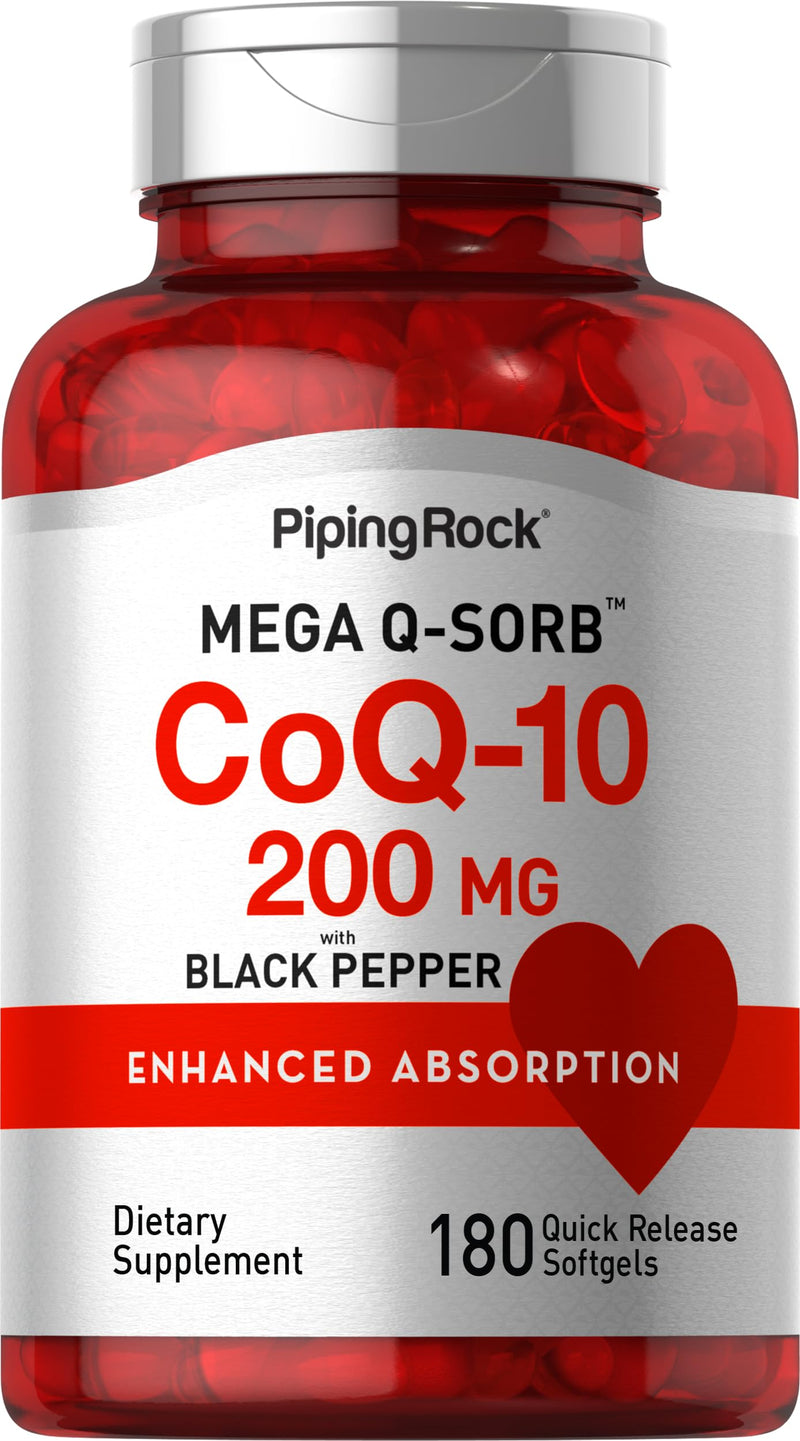 Piping Rock CoQ10 200mg | 180 Softgel Capsules | Supplement for Women and Men | Enhanced Absorption with Black Pepper Extract | Non-GMO, Gluten Free