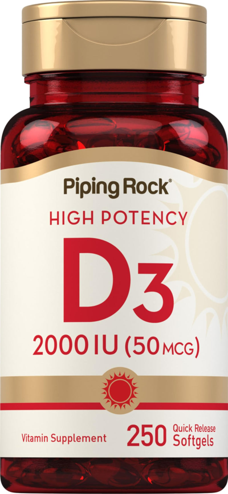 Piping Rock Vitamin D3 2000 IU | 250 Softgels | High Potency | Cholecalciferol Supplement | Non-GMO, Gluten Free 250 Count (Pack of 1)