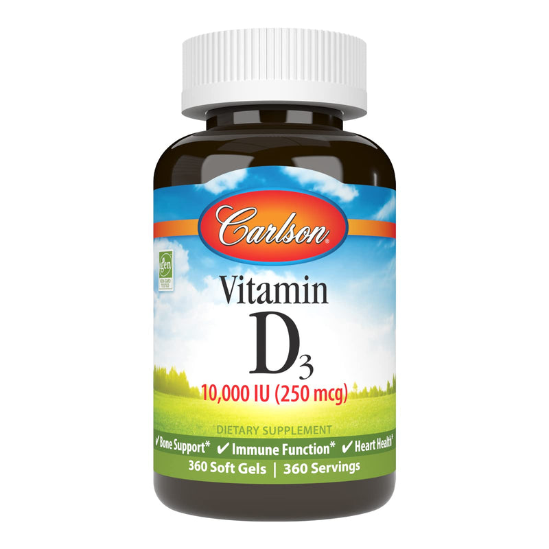Carlson Vitamin D3 10000 IU (250 mcg), Bone Health, 360 Softgels | Muscle Health; Cholecalciferol; Vitamin D Supplements; Vitamin D3 Soft Gels 360 Count (Pack of 1)