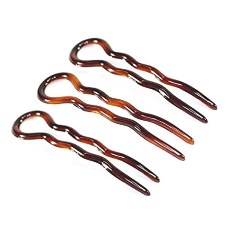 Parcelona French Sleek Brown Tortoise Shell Large 3 1/2" Celluloid Made in France Set of 3 Wavy Crink U Shaped Chignon Hair Pins Updo Bun Pin Sticks for Women and Girls 3 Count (Pack of 1) - BeesActive Australia