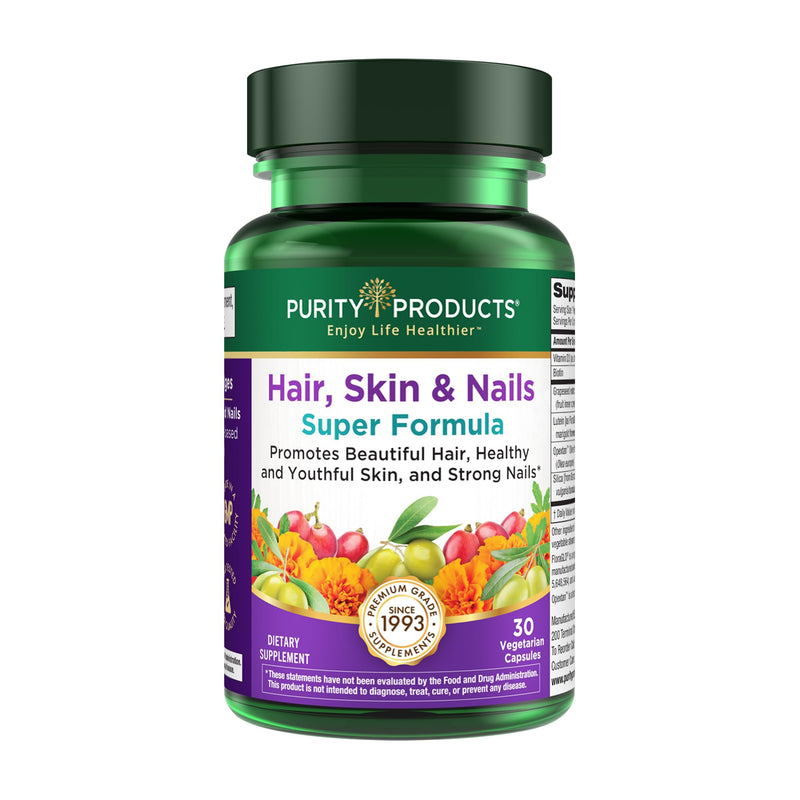 Purity Products - Hair, Skin and Nails Super Formula,30 Capsules | Biotin (5000 mcg), Vitamin D2 (1,000 IU), Grapeseed (100mg), Lutein (10mg), Olive Fruit Extra (20mg), and Silica (30mg)