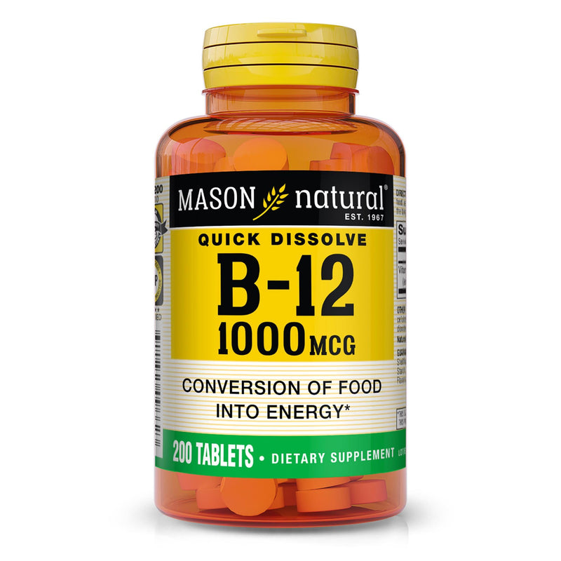 MASON NATURAL Vitamin B-12, 1000 mcg Quick Dissolve Tablets, 200 Day Supply | 1000mcg quick-dissolve vitamin B12 tablets to support normal energy, red blood cell production & nerve function 200 Count (Pack of 1)