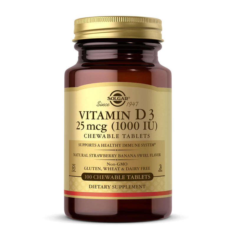Solgar Vitamin D3 (Cholecalciferol) 25 mcg (1000 IU), Natural Strawberry Banana Swirl - 100 Chewable Tablets - Non-GMO, Kosher - 100 Servings