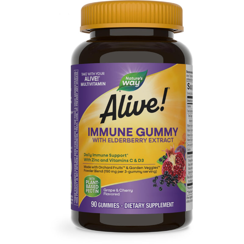 Nature's Way Alive! Immune Support* Gummies with Elderberry Extract, 90 ct | Vitamins C & D3, Zinc, Gluten-Free, Grape & Cherry Flavored, Daily Immune Support*, Vegetarian Gummies