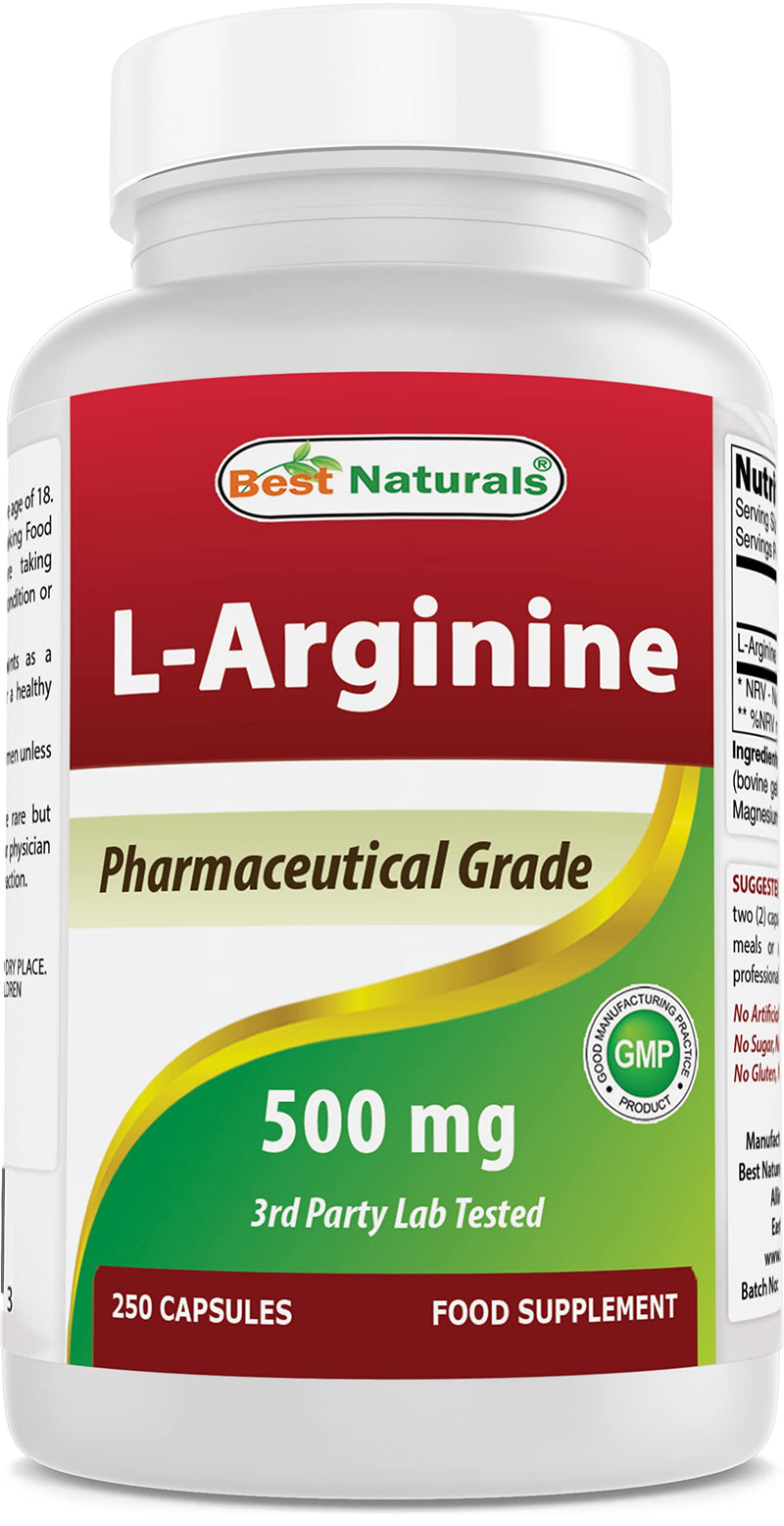 Best Naturals L-Arginine 500mg 250 Capsules - Pharmaceutical Grade L Arginine supplement promotes nitric oxide synthesis 250 Count (Pack of 1)