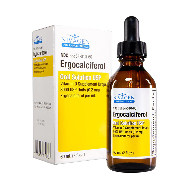 Nivagen Vitamin D2 Liquid Drops 8,000 USP (Ergocalciferol) | 400 IU per Serving | 2 Drops Once Daily | 1,200 Servings, 60ml (2 fl. oz) | Faster Absorption | Bone, Muscle & Immune Support | Made in USA