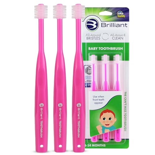 Brilliant Oral Care Baby Toothbrush with Soft Bristles and Round Head, for a Toddler Approved, Easy to Use All-Around Clean Mouth, Ages 0-2 Years, Pink, 3 Pack 3 Count (Pack of 1)