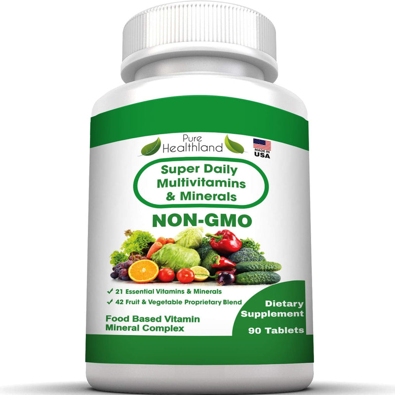 Pure Heathland Non-GMO Super Daily Multivitamin for Adults – 42 Natural Fruits & Vegetables Blend with 21 Essential Vitamins & Minerals – Vegan Coating Tablets, 90 Count, Made in USA 90 Count (Pack of 1)
