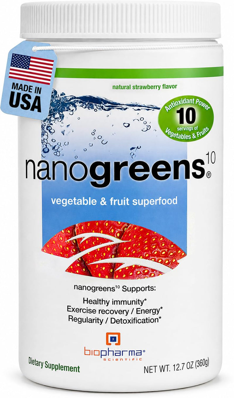 Biopharma Scientific NanoGreens Superfood Greens Powder (Strawberry) | Supports Immunity & Digestion, 55 Organic Ingredients, Spirulina & Chlorella, Third-Party Tested, Plant-Based, 30 Servings Strawberry