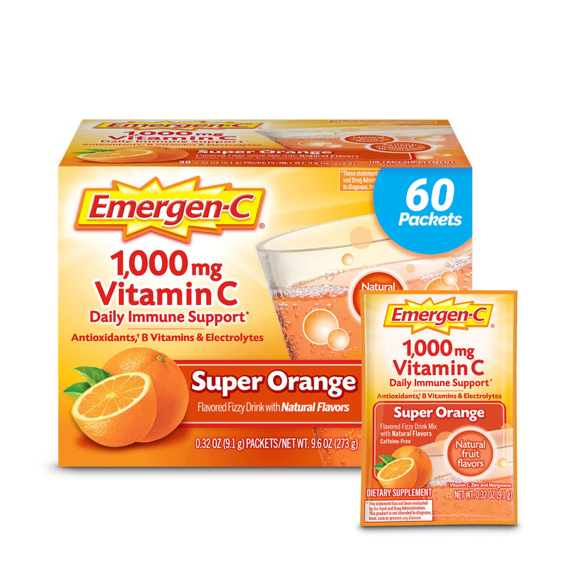 Emergen-C 1000mg Vitamin C Powder for Daily Immune Support Caffeine Free Vitamin C Supplements with Zinc and Manganese, B Vitamins and Electrolytes, Super Orange Flavor -60 Count(Pack of 1) 1.2 Pound (Pack of 1) - BeesActive Australia
