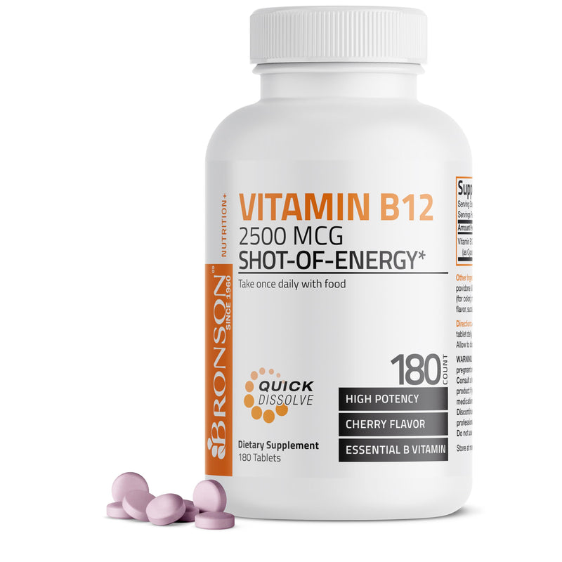 Bronson Vitamin B12 2500 mcg Fast Dissolve Sublingual Cherry, 180 Tablets | B12 as Cyanocobalamin, Supports Energy Metabolism, Red Blood Cell Formation, Nerve & Brain Function 180 Count (Pack of 1)
