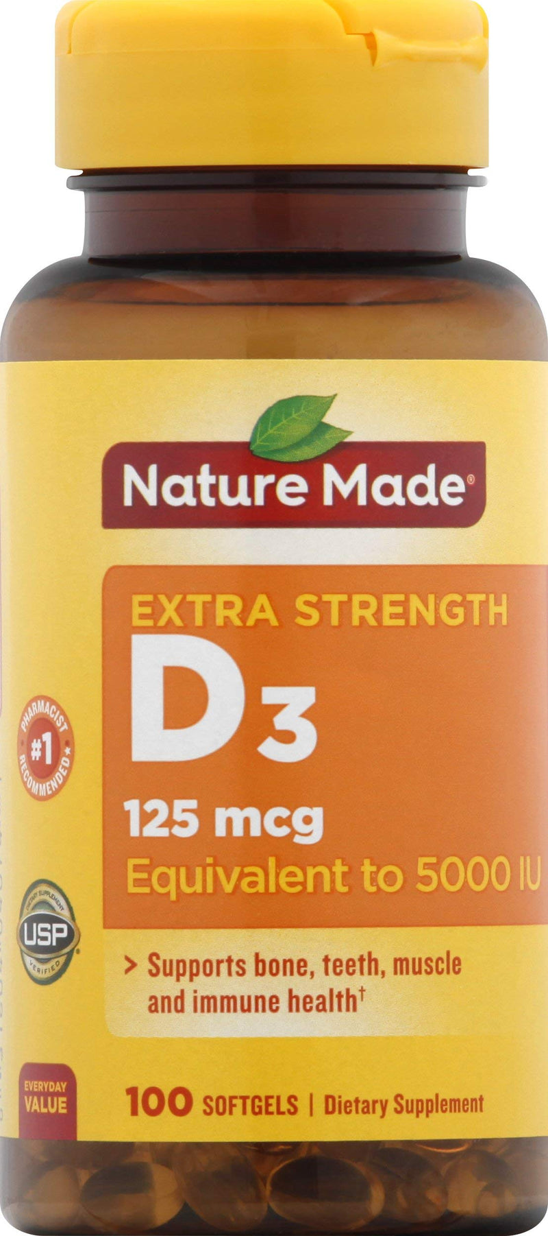 Nature Made Vitamin D3 Dietary Supplement Softgels, 5000 I.U, 100 Count 1 Count (Pack of 100)