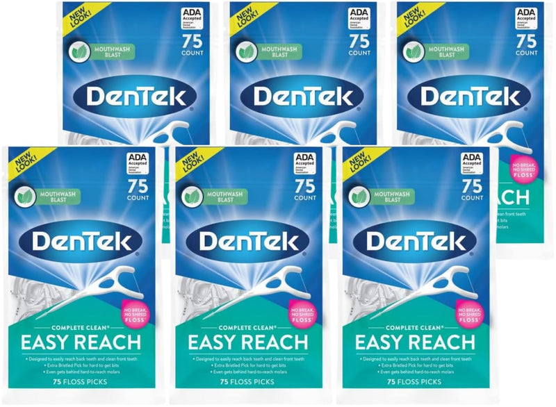 DenTek Complete Clean Easy Reach Floss Picks, Advanced Fluoride Coating, Mouthwash Blast Flavor, 75 ct. (Pack of 6) - BeesActive Australia