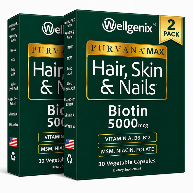 Wellgenix Purvana MAX Hair Skin & Nails Vitamins, Biotin 5000, 60 Ct 2-Pack | Biotin, MSM & hyaluronic acid in vegetable capsules for thicker, fuller hair, stronger nails & a clearer, radiant complexion 30 Count (Pack of 2)