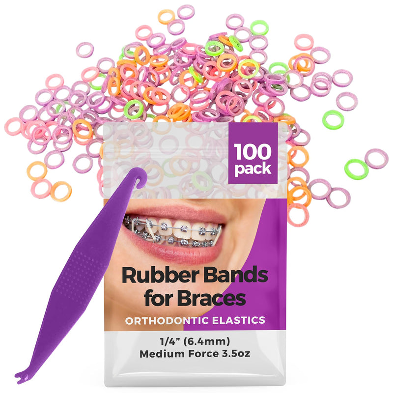 Orthodontic Rubber Bands for Braces - Premium Quality Elastic Teeth Rubber Bands for Braces, Fix Tooth Gaps, Dreadlocks, Includes Free Elastic Placer - Medium Force 3.5 oz, 1/4 Inch, Neon (100 Pack) 100 Pack Neon - Medium