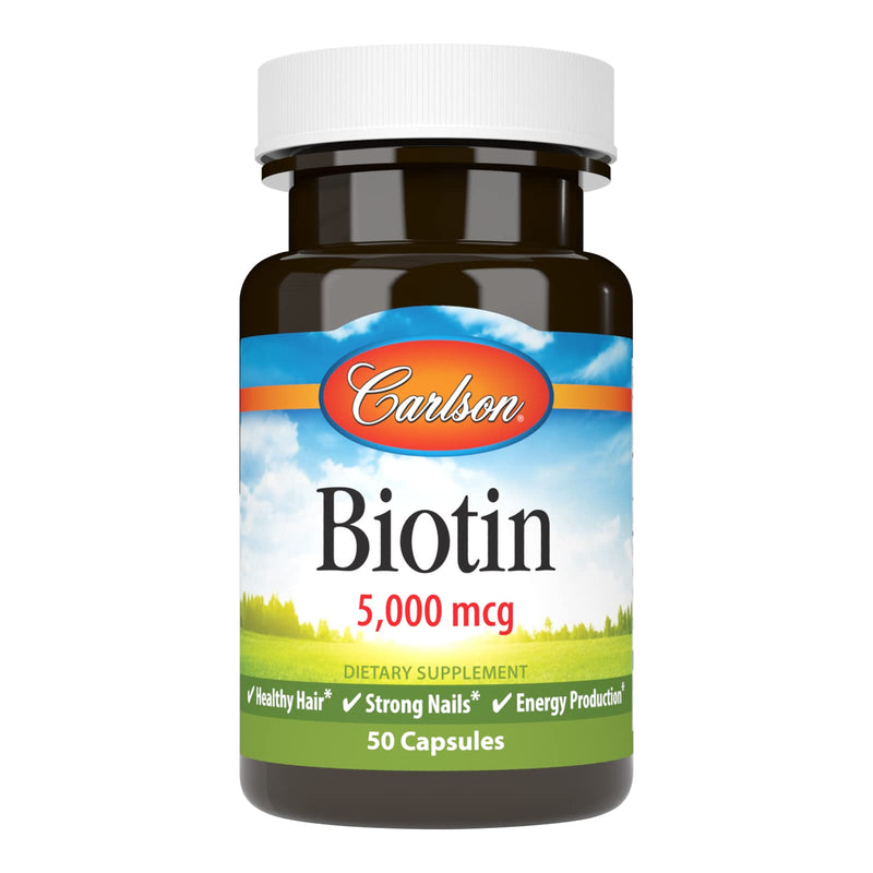Carlson Biotin, 5000 mcg, Healthy Hair, Strong Nails, 50 Capsules | Skin health; Energy Production 50 Count (Pack of 1)