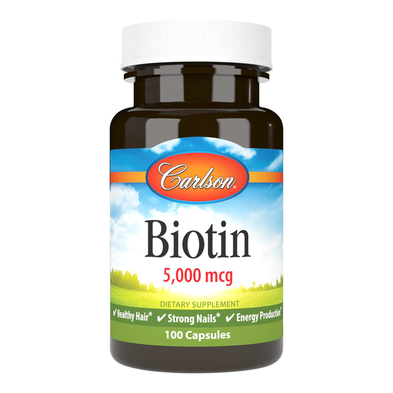 Carlson Biotin, 5000 mcg, Healthy Hair, Strong Nails, 100 Capsules | Skin health; Energy Production 100 Count (Pack of 1)