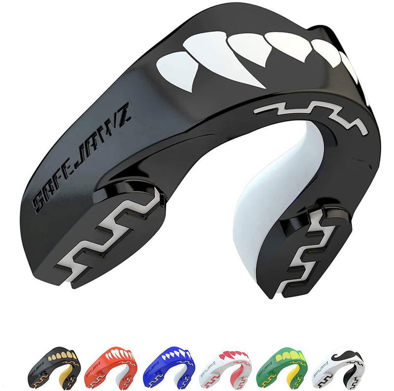 SAFEJAWZ Mouth Guard, Dual Layer Mouthguard for Adults with Case, Easy Fit Remoldable Mouthpiece for Football, Boxing, Lacrosse, MMA, Basketball & All Contact Sports (Adult 12+ Years, Black Fangz) Adults 12+ Years - BeesActive Australia
