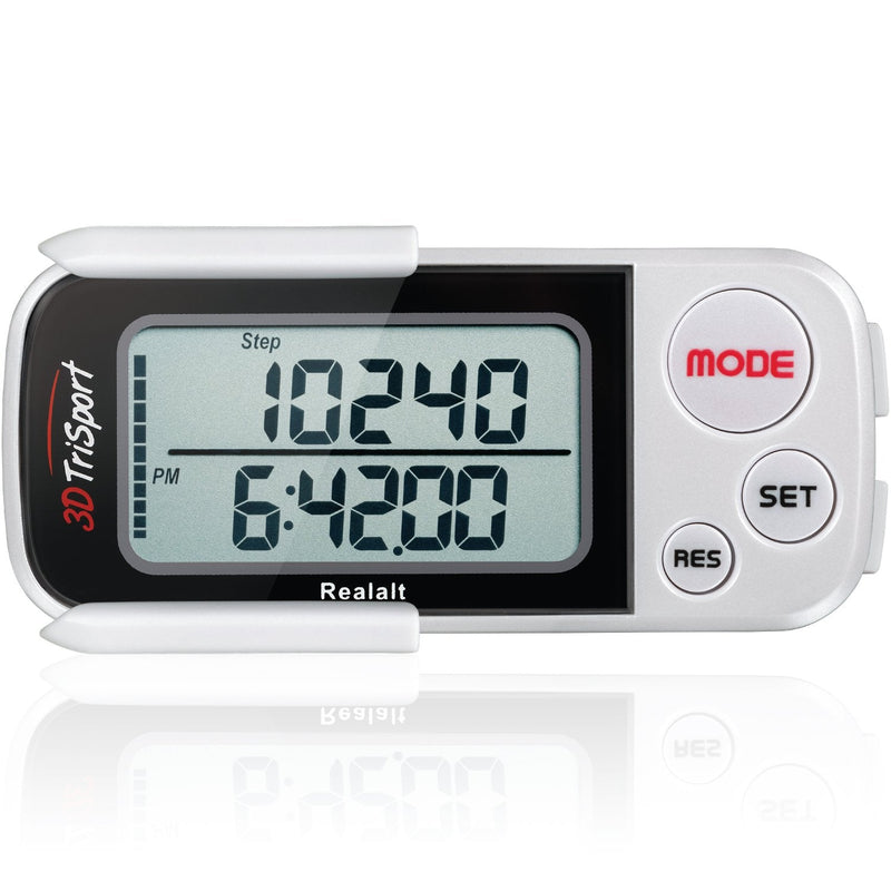 Realalt 3DTriSport 3D Walking Pedometer with Clip & Strap, Accurate Step Counter with 30-Day Memory, Distance in Miles/KM with Large Display Perfect for Seniors & Beginners, eBook Included One Size White