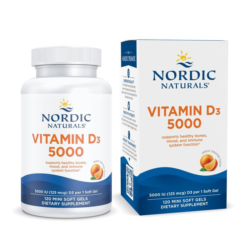 Nordic Naturals Vitamin D3 5000, Orange - 120 Mini Soft Gels - 5000 IU Vitamin D3 - Supports Healthy Bones, Mood & Immune System Function - Non-GMO - 120 Servings 5000 I.U. - BeesActive Australia