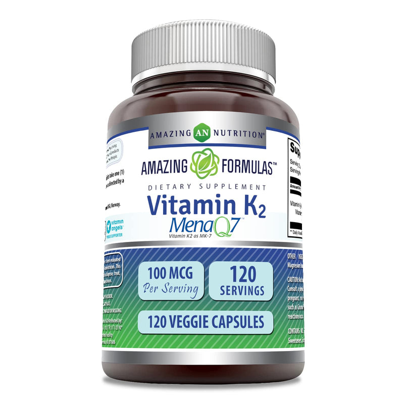 Amazing Formulas Vitamin K2 Menaq7 MK7 Supplement | 100 Mcg | Veggie Capsules | Non-GMO | Gluten Free | Made in USA (1 Pack, 120 Count) 1 Count (Pack of 1) - BeesActive Australia