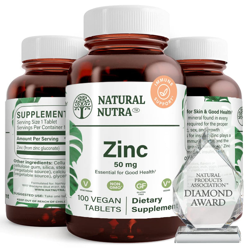 Natural Nutra Zinc Gluconate 50mg Supplement for Immune Support, Promotes Skin Health, Provides Ease From Flu & Cold, Boost Learning & Memory, Enhance Taste & Smell, Gluten Free 50mg 100 Vegan Tablets 100 Count (Pack of 1)