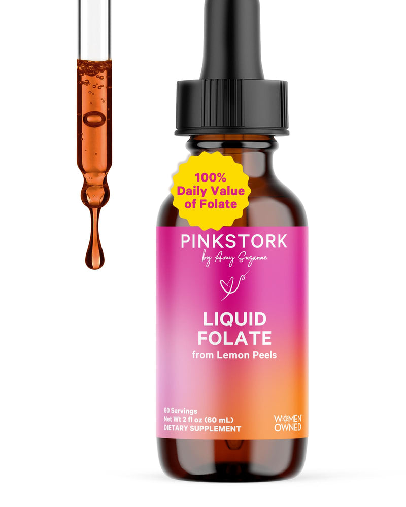 Pink Stork Liquid Folate Drops, 5-MTHF Methylfolate B9 Vitamin, 2 fl oz | Bioavailable Folate | Liquid Folic Acid Alternative for Women | Prenatal Folate | Non-GMO, Vegan | 2 Month Supply