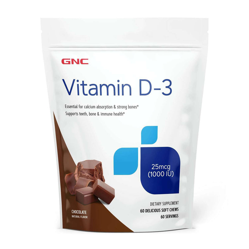 GNC Vitamin D-3 Soft Chews 1000IU, Chocolate, 60 Count | Provides 125% Daily Value of Vitamin D-3 to Support Teeth, Bone, and Immune Health in a Delicious Soft Chew 60 Count (Pack of 1)