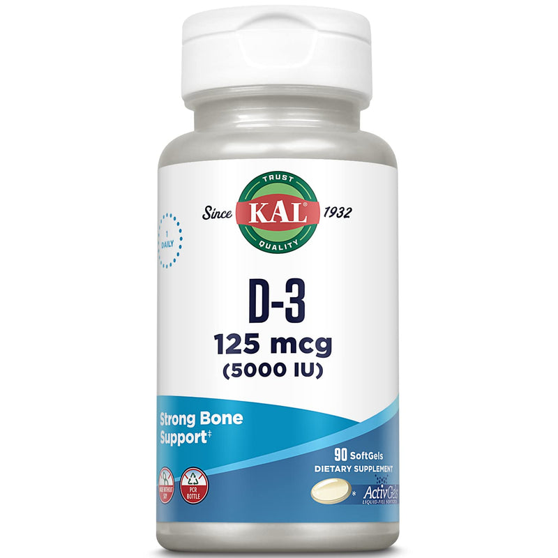 KAL Vitamin D3 5000 IU Softgels (125 mcg), Active Form of Vitamin D, Calcium Absorption, Bone Health, Immune Support Supplement, Liquid Filled ActivGels, Made Without Soy, 90 Servings, 90 Softgels 90 Count (Pack of 1)
