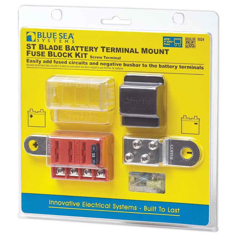 Blue Sea Systems 5024 ST Blade Fuse Block Battery Terminal Mount 4 Way Circuit Kit, 100 Amps 4 Circuit + Neg - Terminal Mount With cover - BeesActive Australia