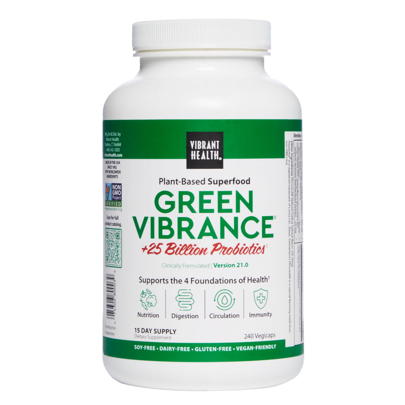 Vibrant Health Green Vibrance Vegan Superfood Pills, 240 Count | Greens powder formula in convenient tablets with spirulina, chlorella, wheatgrass and barley grass, daily whole food blend Standard Packaging
